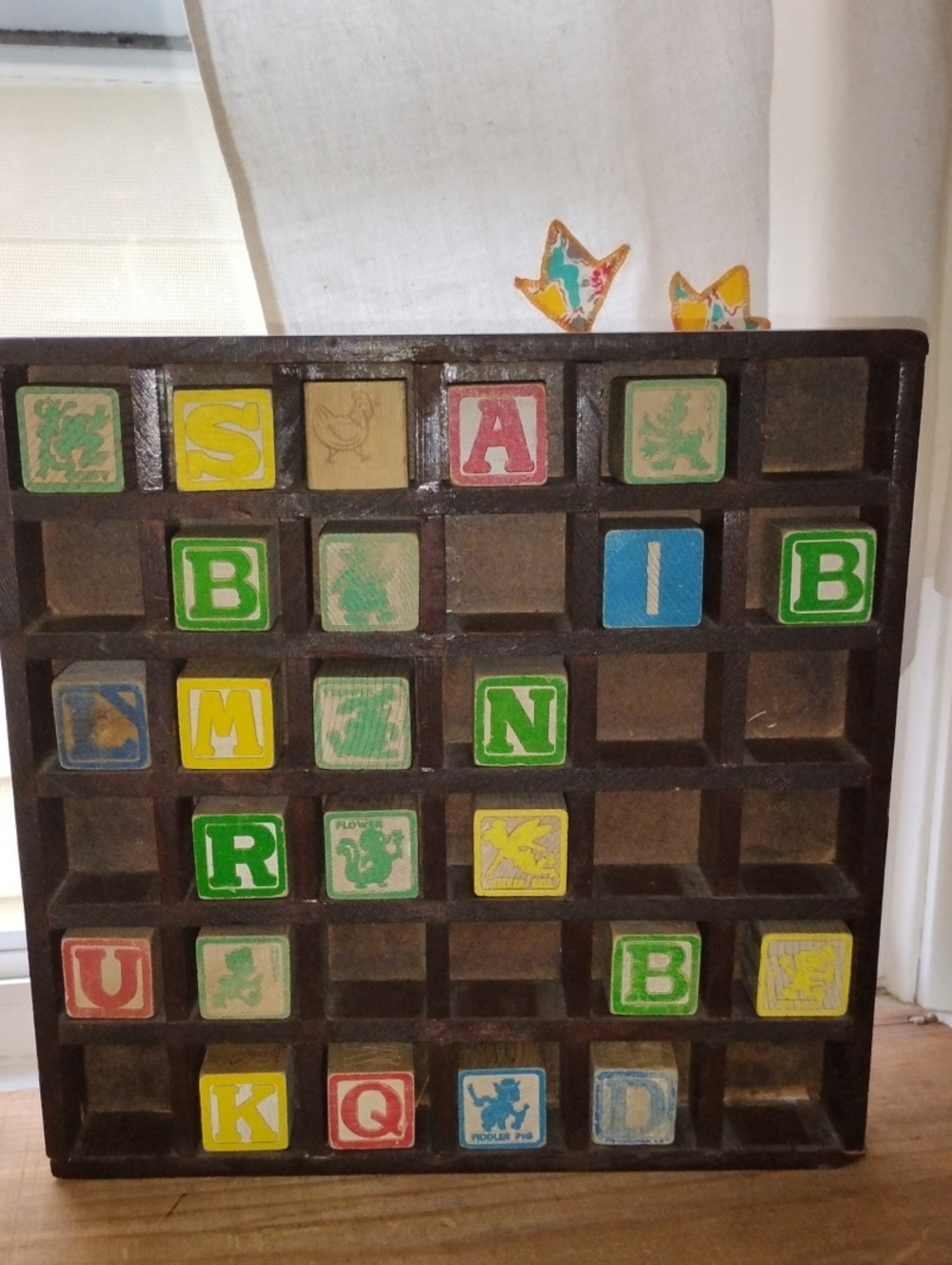 Vintage Wood Cubby Shelf W/ Vtg Wood Letter Blocks, Disney Wood Blocks